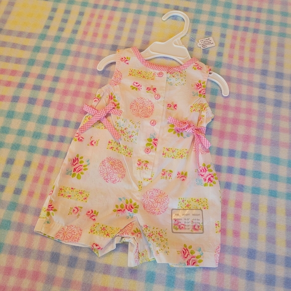 KRU LAYETTE 💐 Sweet Little Pink 'n Green Floral Sleeveless Romper w/Bows  0-3M - Picture 3 of 16